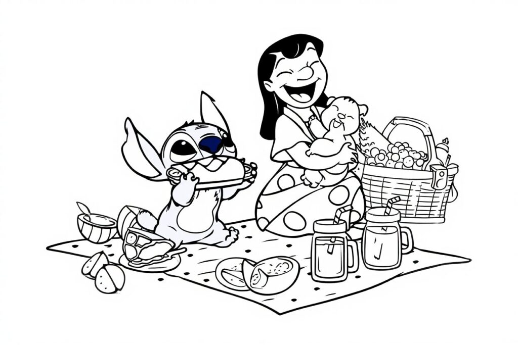 Coloriage Stitch et Lilo en pique nique