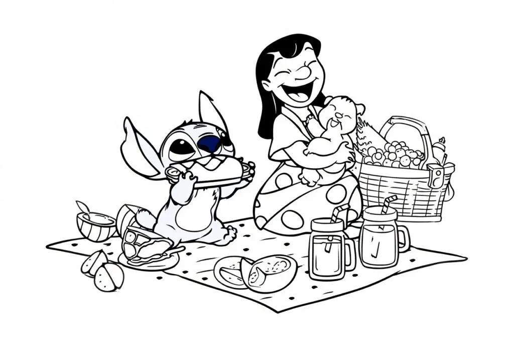 Coloriage Stitch et Lilo en pique nique
