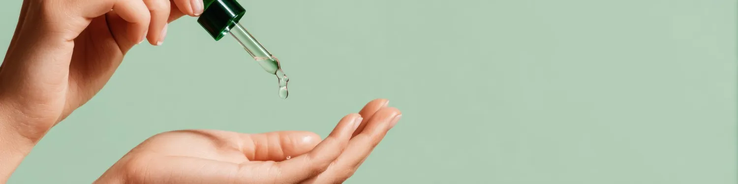 Main appliquant un sérum de soin avec un compte-gouttes sur fond vert