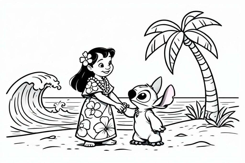 Coloriage Lilo et Stitch vers les vagues