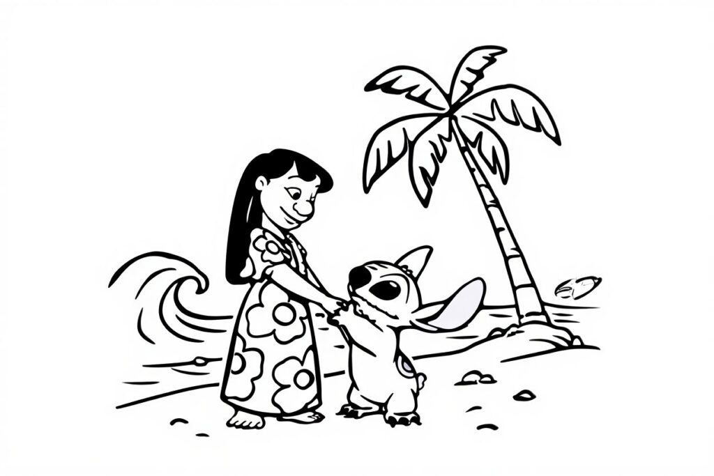 Coloriage Lilo et Stitch sur la plage