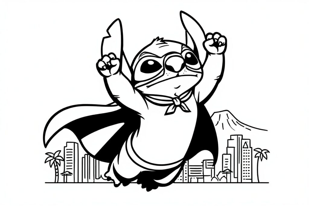 Coloriage stitch dans les airs
