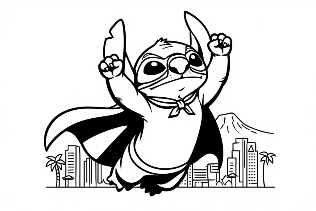 Coloriage stitch dans les airs