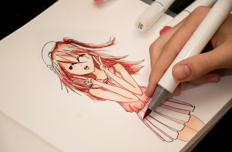 Hand,Drawing,A,Cute,Girl,Anime,Style,Sketch,With,Alcohol